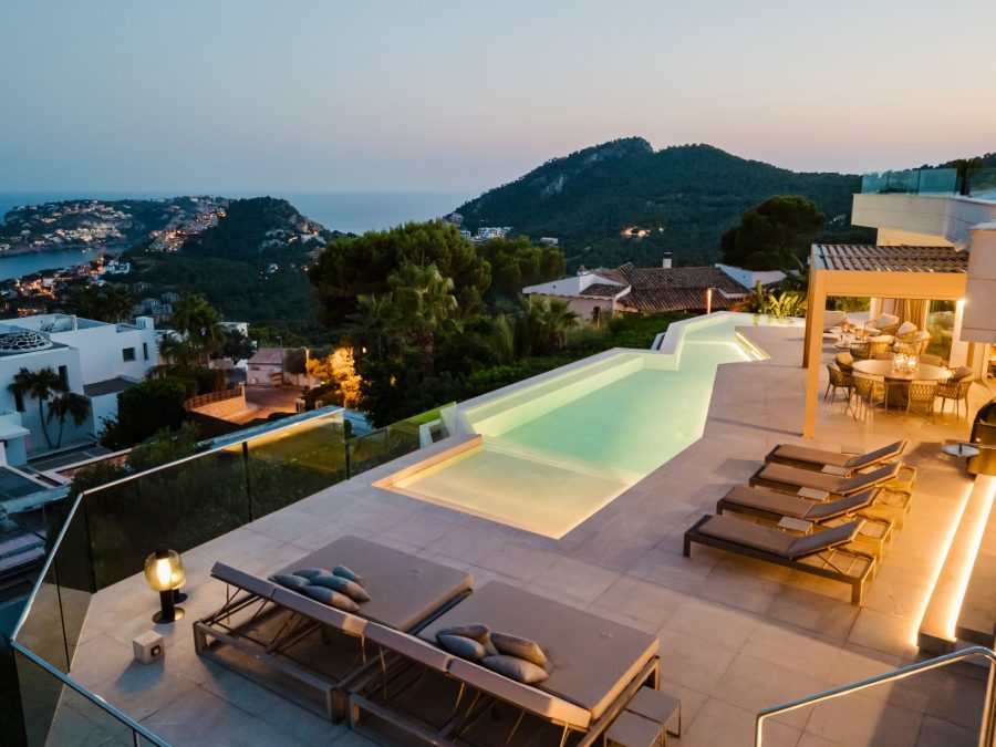 The pool terrace at Casa Sunshine at dusk