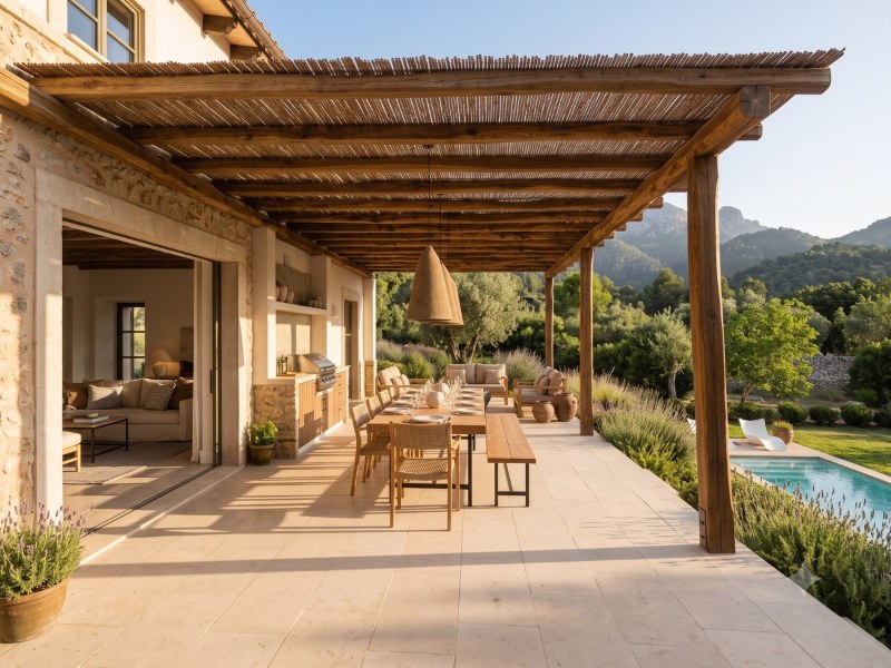 The pergola and dining terrace between the living room and the pool, as drawn