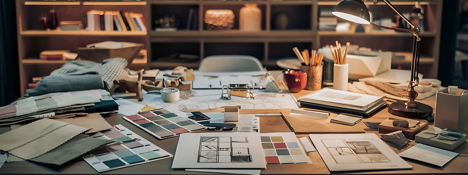 Tegninger, prøver og materialer på en designers bord