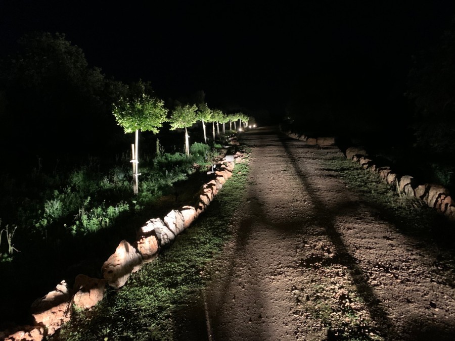 The drive at Los Hibiscus lit after dark