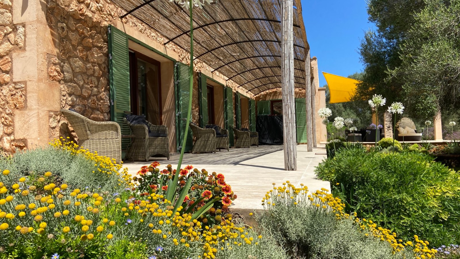 The covered terrace at Los Hibiscus with the shutters open and the flower beds in front