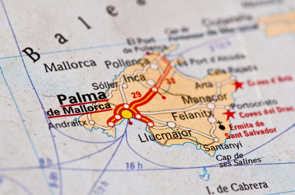 A printed map of Mallorca with Palma de Mallorca underlined, Andratx to the west and Santanyi to the south-east