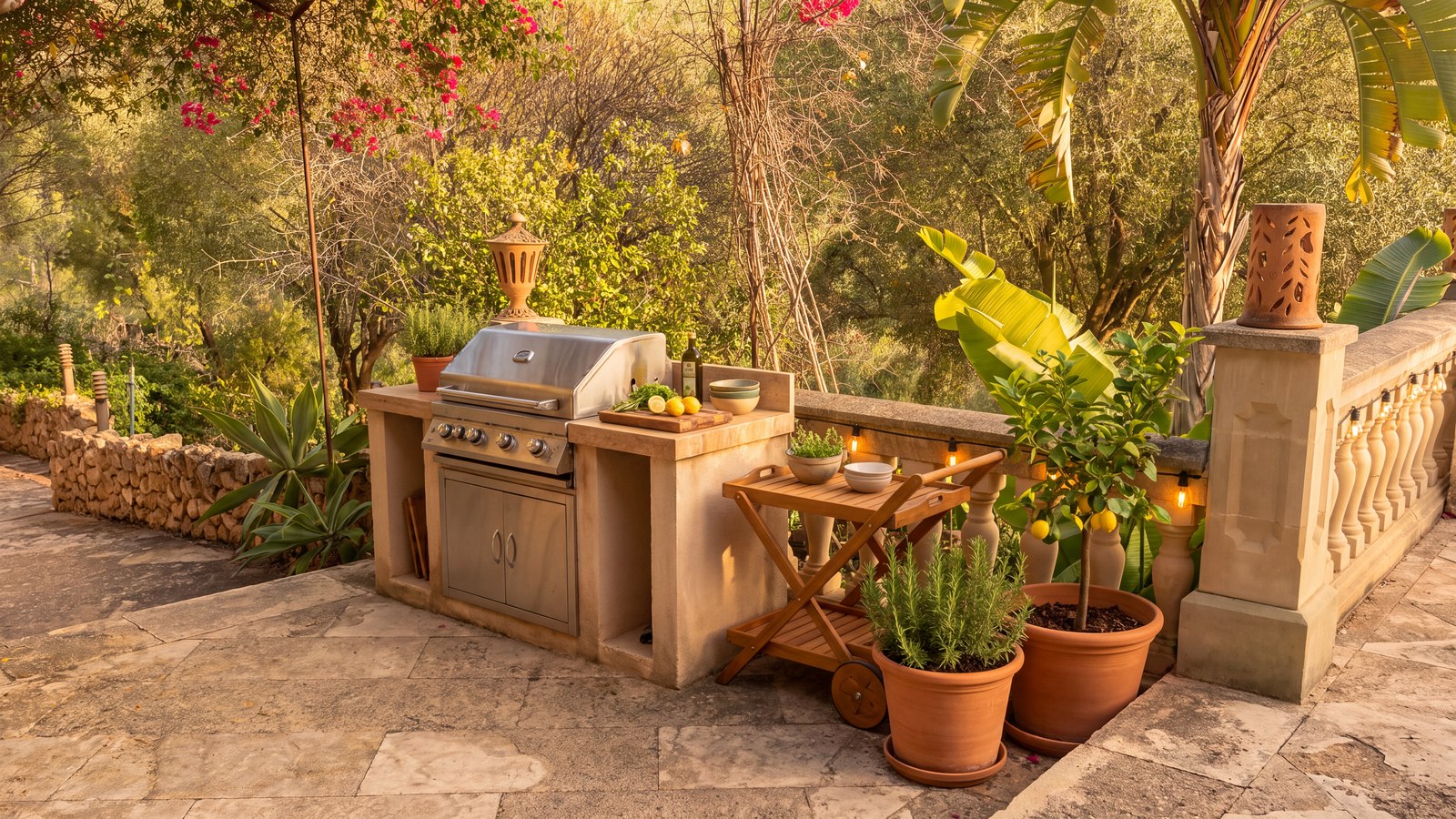 Outdoor kitchen with grill on the terrace — visualisation