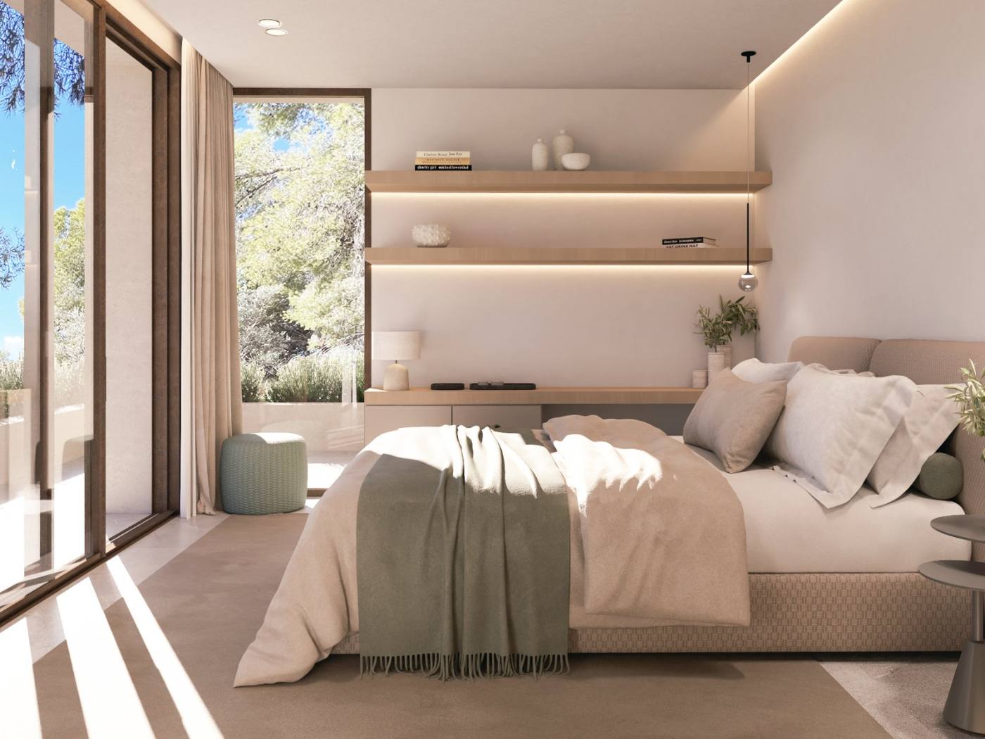 Villa Cabrera bedroom opening onto its terrace — visualisation