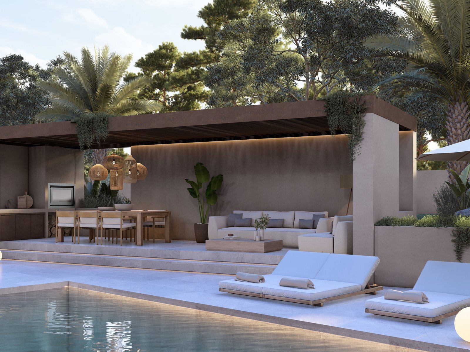 Villa Cabrera pool and covered outdoor lounge — visualisation