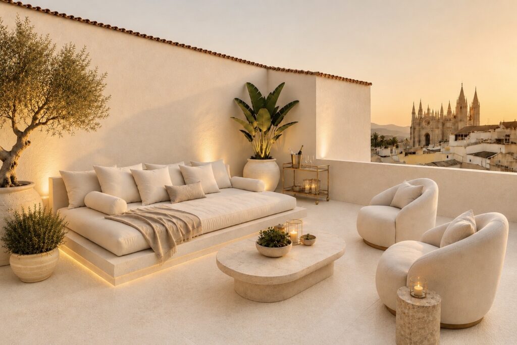 Soul Palace roof terrace at dusk with Palma cathedral on the horizon