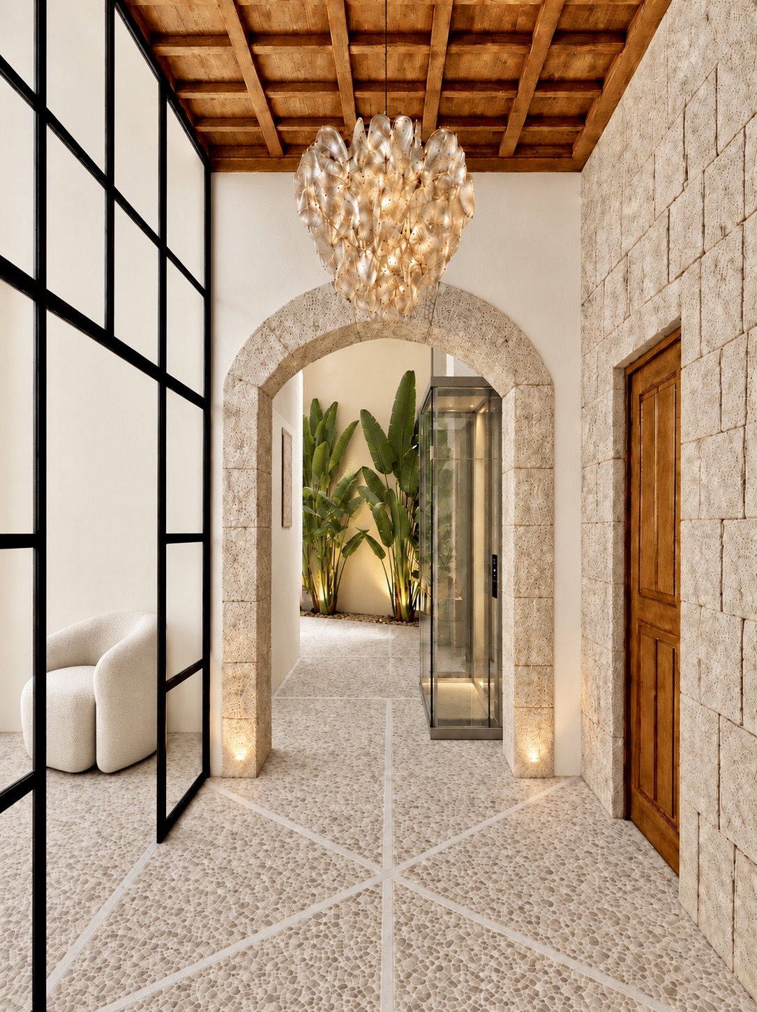 The patio of Soul Palace under a listed coffered ceiling