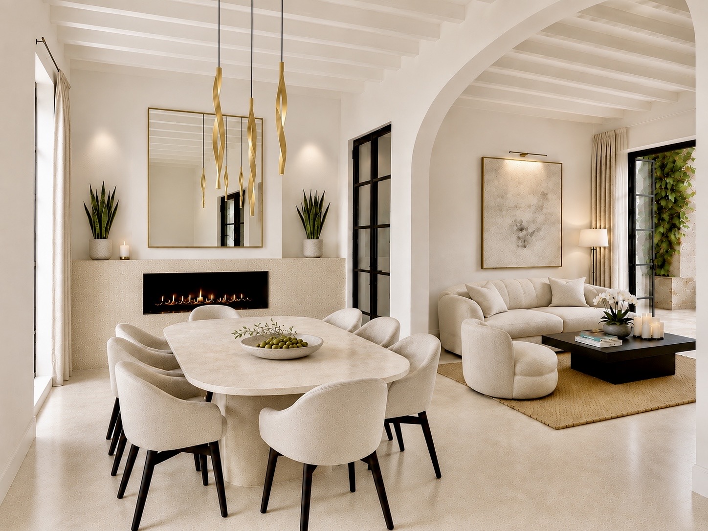 Living and dining room at Soul Palace, with stone arches and a linear fireplace