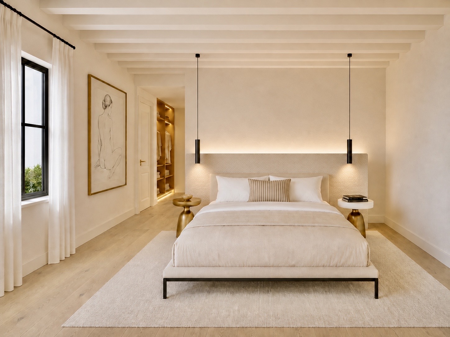 A bedroom at Soul Palace under the original beamed ceiling