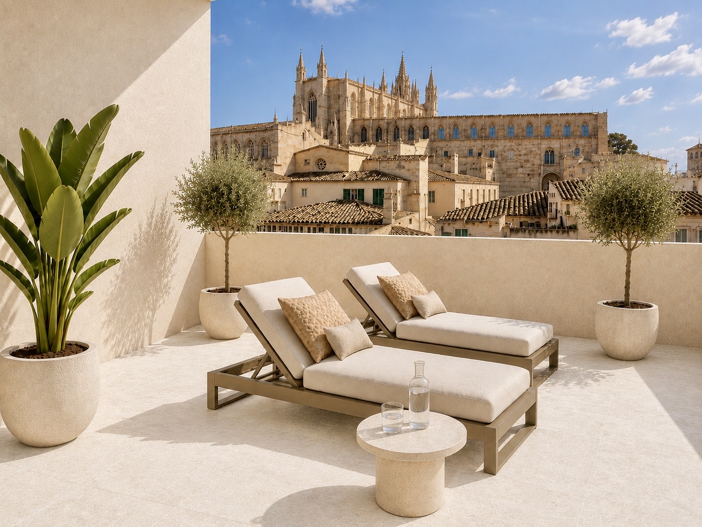 The roof terrace of Soul Palace by day, looking towards Palma cathedral