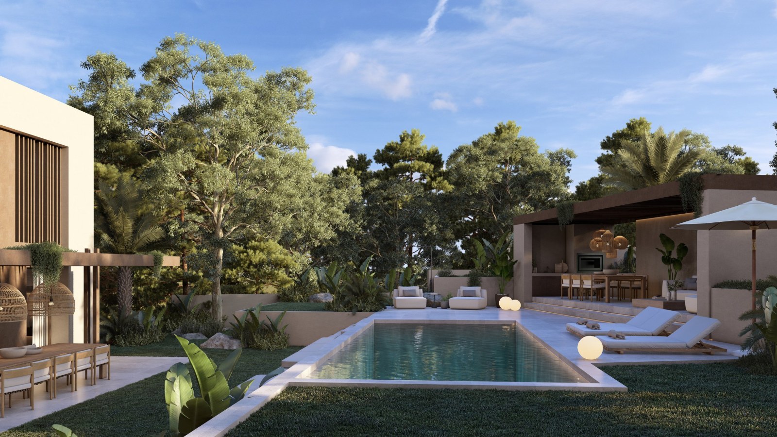 Villa Cabrera garden, pool and outdoor kitchen — visualisation