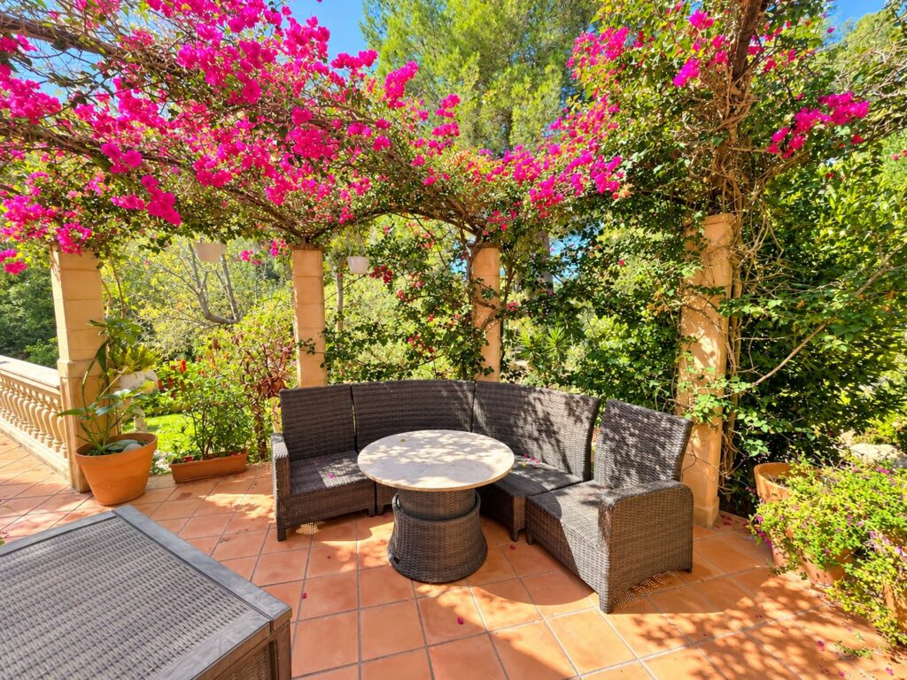 Outdoor lounge under a bougainvillea pergola