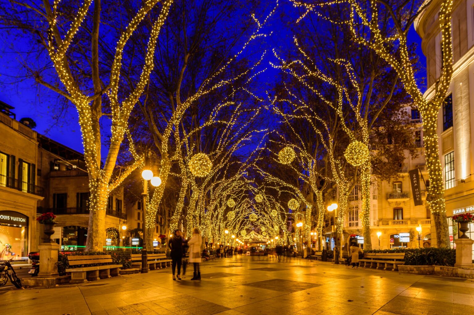 Christmas lights on Passeig del Born, Palma, at blue hour